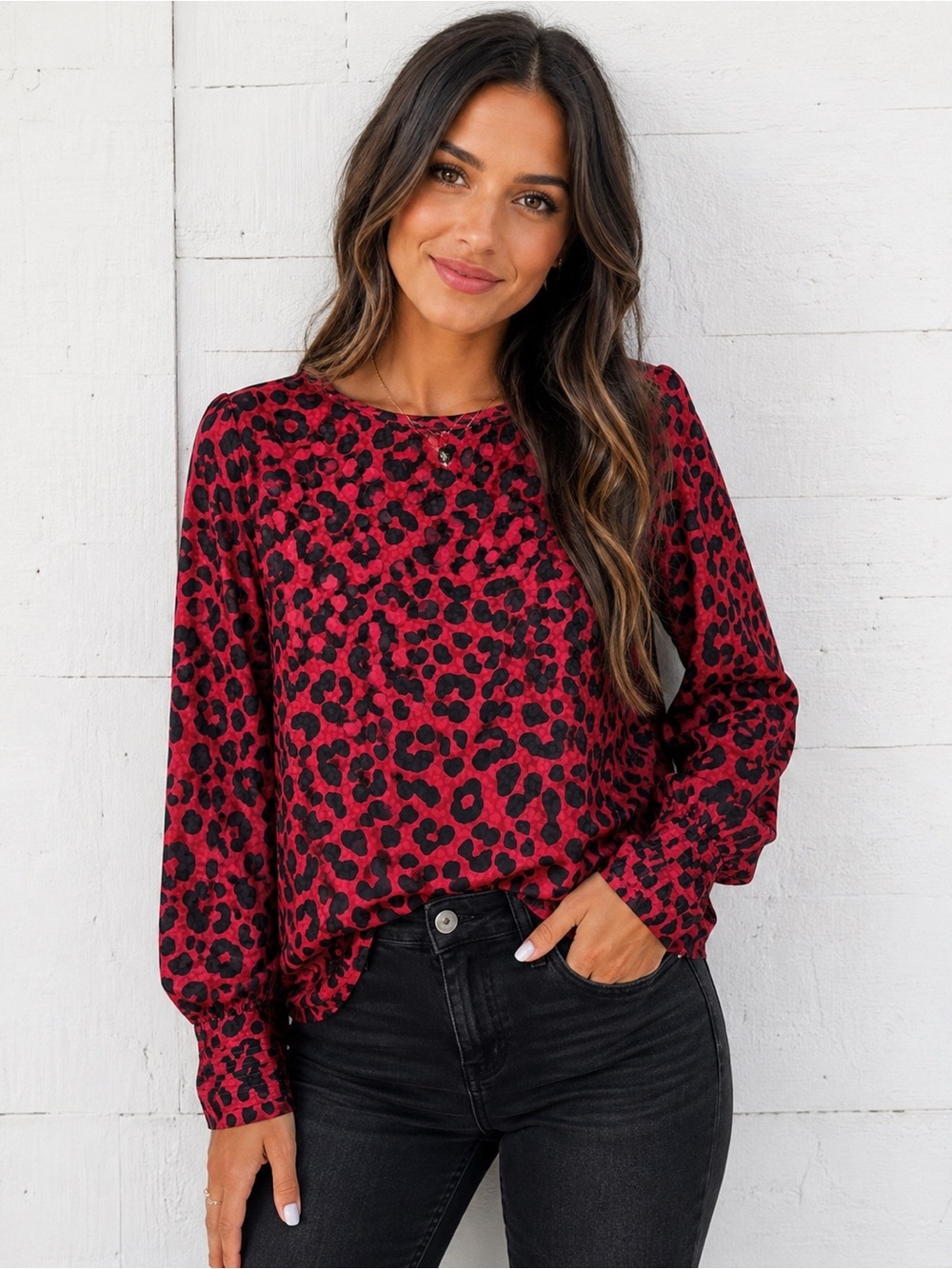 Ann Taylor Red Leopard Print Blouse - Boat Neck & Pleated Cuffs- Size X-Small